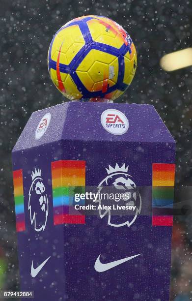 The match ball is seen on The Stonewall Rainbow plinth ahead of the Premier League match between Burnley and Everton at Turf Moor on November 26,...