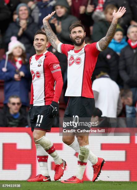 Charlie Austin of Southampton celebrates scoring the 2nd Southampton goal with Dusan Tadic of Southampton during the Premier League match between...