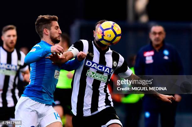Napoli's Belgian striker Dries Mertens vies with Udinese's Brazilian defender Danilo Larangeira during the Italian Serie A football match Udinese vs...