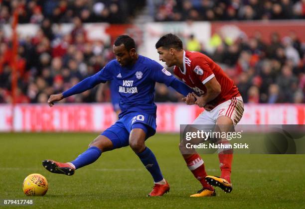 Daryl Murphy of Cardiff City and Eric Lichaj of Nottingham Forest in action during the Sky Bet Championship match between Nottingham Forest and...