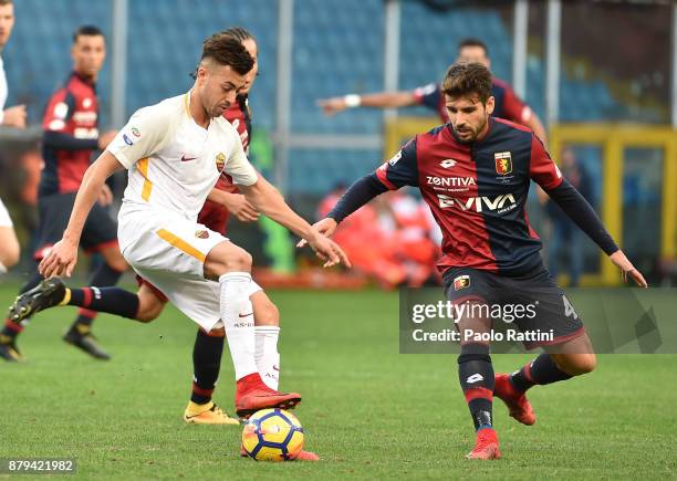 Stephan El Sharaawy and Miguel Veloso during the Serie A match between Genoa CFC and AS Roma at Stadio Luigi Ferraris on November 26, 2017 in Genoa,...