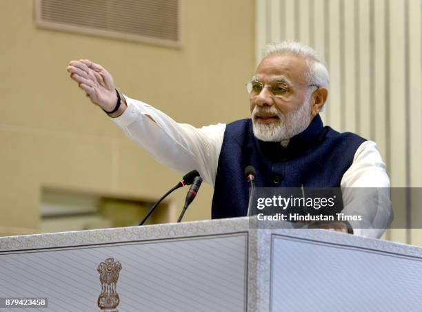 Prime Minister Narendra Modi addressing the gathering on the conference on National Law Day 2017, at Vigyan Bhawan, on November 26, 2017 in New...