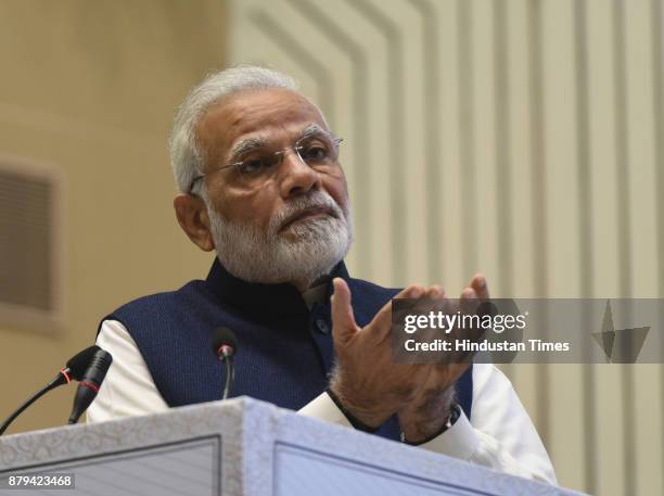 Prime Minister Narendra Modi addressing the gathering on the conference on National Law Day 2017, at Vigyan Bhawan, on November 26, 2017 in New...