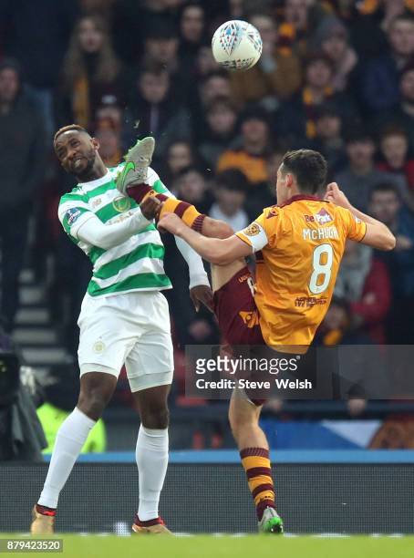 Carl McHugh of Motherwell goes high on Moussa Dembele of Celtic during the Betfred Cup Final at Hampden Park on November 26, 2017 in Glasgow,...