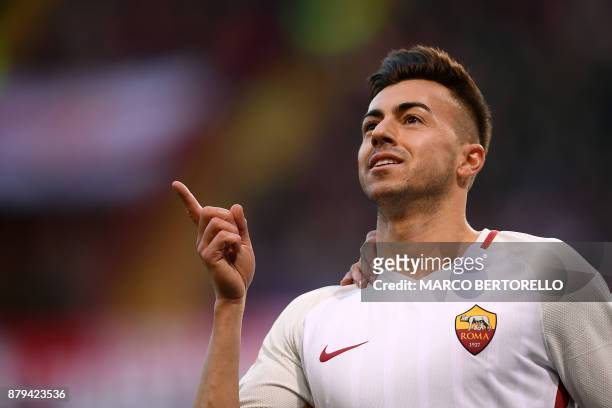 Roma's forward Stephan El Shaarawy celebrates after scoring during the Italian Serie A football match Genoa Vs AS Roma on November 26, 2017 at the...