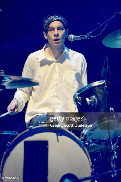 Singer Jay Franxis of the band Facial performs onstage in support of Silversun Pickups during a benefit concert in support of Unidos at The Theatre...