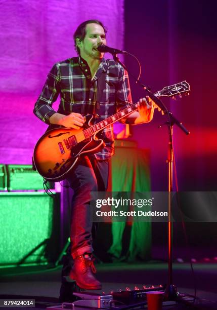 Singer Brian Aubert of the band Silversun Pickups performs onstage during a benefit concert in support of Unidos at The Theatre at Ace Hotel on...