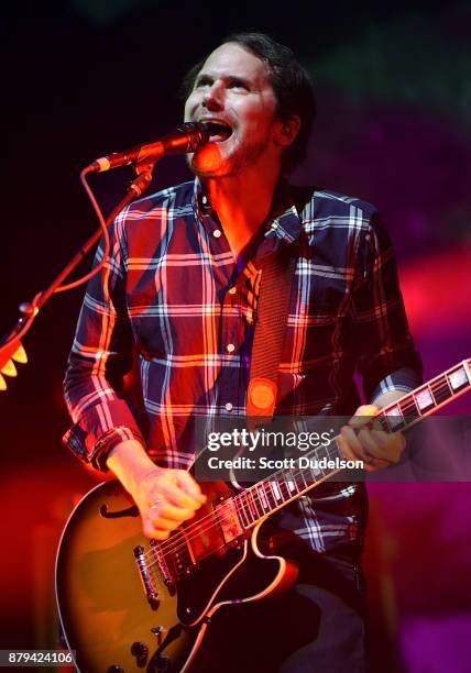 Singer Brian Aubert of the band Silversun Pickups performs onstage during a benefit concert in support of Unidos at The Theatre at Ace Hotel on...