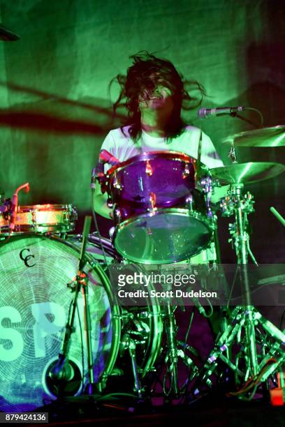 Drummer Chris Guanlao of the band Silversun Pickups performs onstage during a benefit concert in support of Unidos at The Theatre at Ace Hotel on...