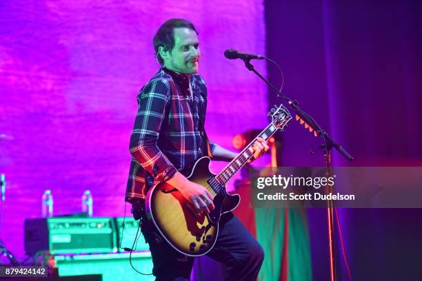 Singer Brian Aubert of the band Silversun Pickups performs onstage during a benefit concert in support of Unidos at The Theatre at Ace Hotel on...