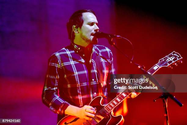 Singer Brian Aubert of the band Silversun Pickups performs onstage during a benefit concert in support of Unidos at The Theatre at Ace Hotel on...