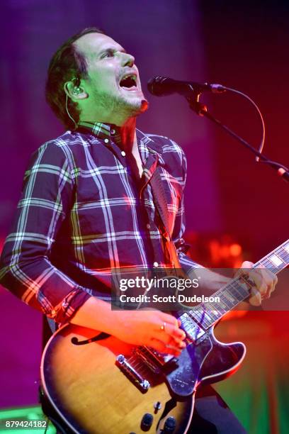 Singer Brian Aubert of the band Silversun Pickups performs onstage during a benefit concert in support of Unidos at The Theatre at Ace Hotel on...