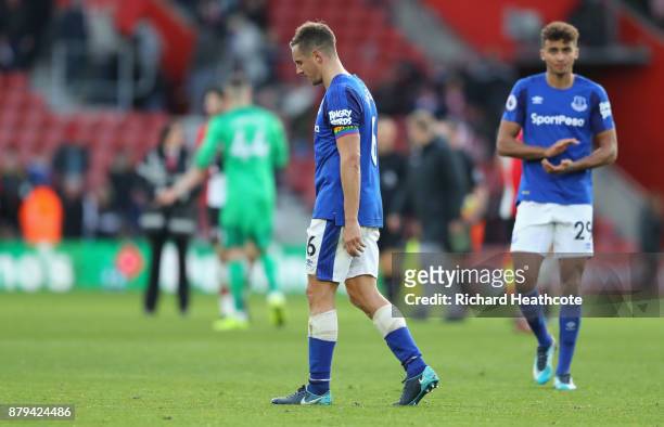 Phil Jagielka and Dominic Calvert-Lewin of Everton look dejected after the Premier League match between Southampton and Everton at St Mary's Stadium...