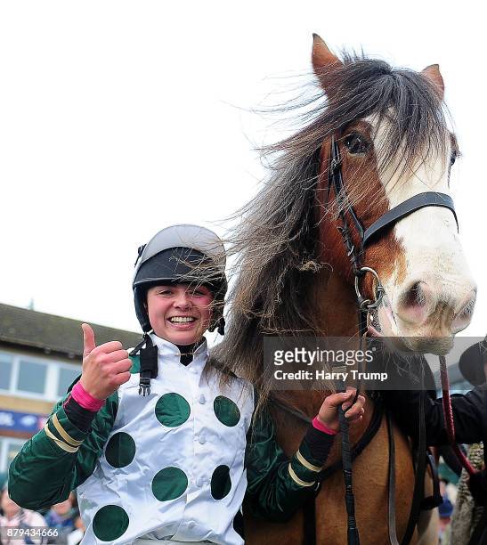 Jockey Bryony Frost celebrates with connections after winning the Exeter Racecourse Clydesdale Stakes on board Stobillee Sirocco at Exeter Racecourse...