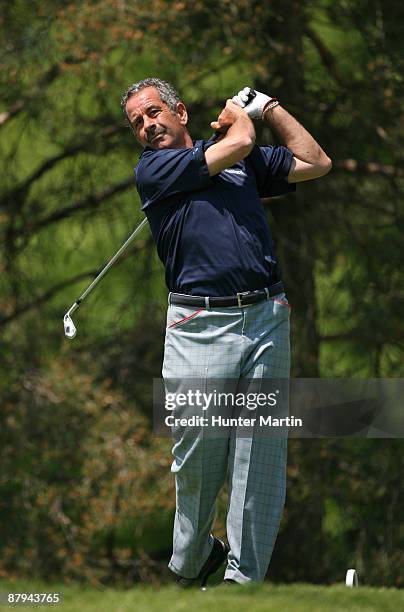 Sam Torrance of England hits his tee shot on the 1st hole during the third round of the 70th Senior PGA Championship at Canterbury Golf Club on May...
