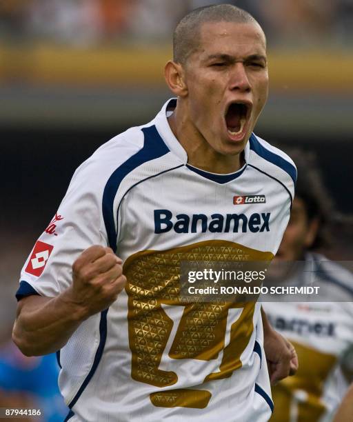 Dario Veron of Pumas celebrates his goal against Puebla, during their 2009 Mexican Clausura Tournament semifinal football match, in Mexico City, on...