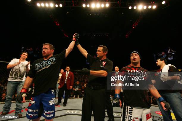 Matt Hughes celebrates after defeating Matt Serra during their Welterweight bout at UFC 98: Evans vs Machida at the MGM Grand Garden Arena on May 23,...