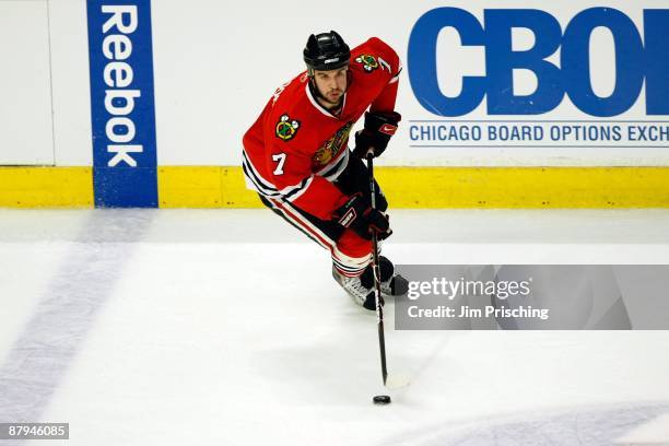 Brent Seabrook of the Chicago Blackhawks skates with the puck against the Detroit Red Wings during Game Three of the Western Conference Championship...