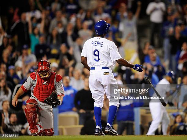 Catcher Jeff Mathis of the Los Angeles of Anaheim reacts after a bases loaded walk to Juan Pierre of the Los Angeles Dodgers to score the winning run...