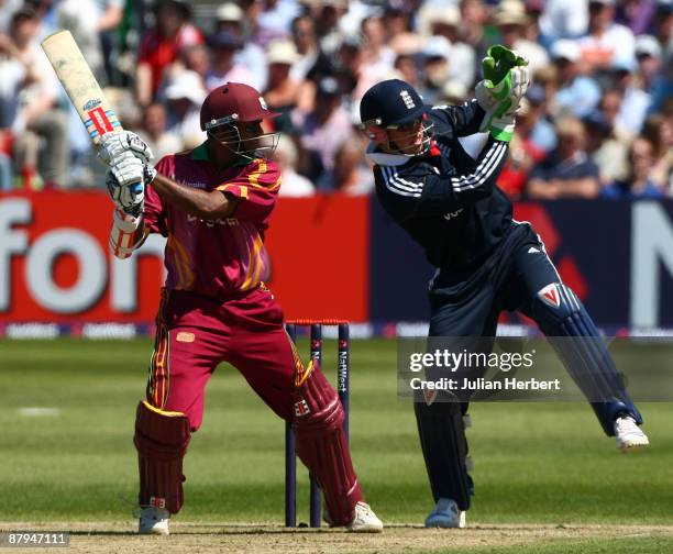 Matt Prior of England takes evasive action as Shivnarine Chanderpaul hits out during The 2nd NatWest One Day International between England and The...