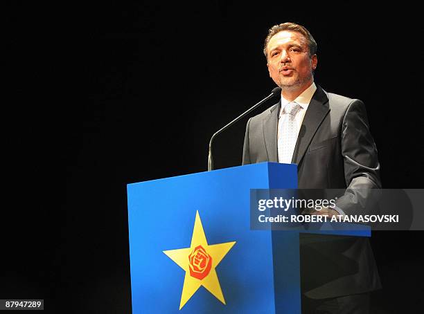 Former Macedonian President Branko Crvenkovski gives a speech before his election as new leader of the main opposition party SDSM in Skopje on May...