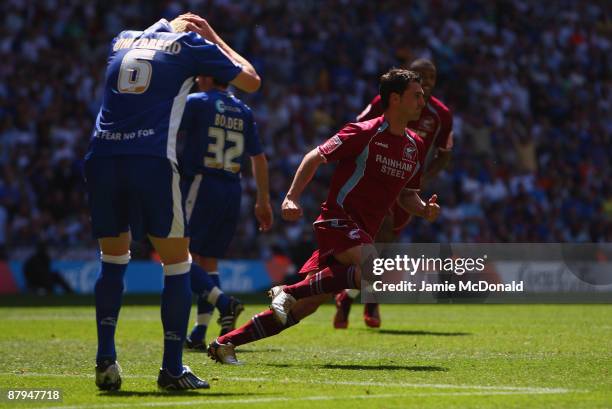 Matt Sparrow scores a goal for Scunthorpe during the Coca-Cola League One Playoff Final between Millwall and Scunthorpe United at Wembley Stadium on...