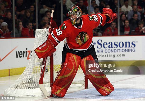 Goalie Cristobal Huet of the Chicago Blackhawks tends goal against the Detroit Red Wings during Game Three of the Western Conference Championship...