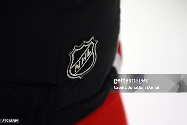 Detail of an NHL logo on the uniform of a member of the Chicago Blackhawks against the Detroit Red Wings during Game Three of the Western Conference...