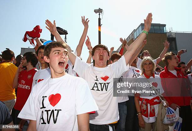 Arsenal fans participate in a planned rally in support of their manager Arsene Wenger before the Barclays Premier League match between Arsenal and...