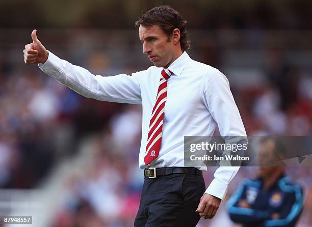 Gareth Southgate manager of Middlesbrough gestures during the Barclays Premier League match between West Ham United and Middlesbrough at Upton Park...