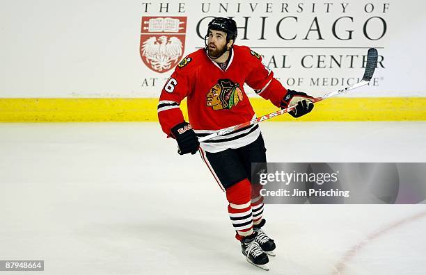 Andrew Ladd of the Chicago Blackhawks skates against the Detroit Red Wings during Game Three of the Western Conference Championship Round of the 2009...