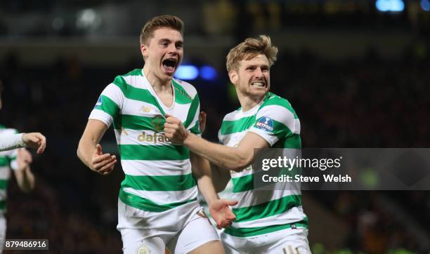 James Forrest of Celtic celebrates his goal with Stuart Armstrong Moussa Celtic during the Betfred Cup Final at Hampden Park on November 26, 2017 in...