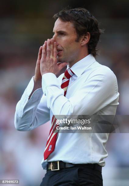 Gareth Southgate manager of Middlesbrough reacts during the Barclays Premier League match between West Ham United and Middlesbrough at Upton Park on...