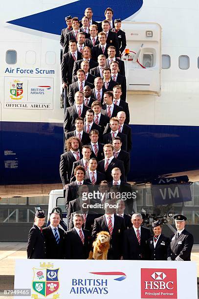 The British & Irish Lions tour team depart on 'Air Force Scrum', the official British Airways aircraft taking the team to South Africa for a...