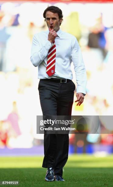 Gareth Southgate manager of Middlesbrough looks dejected following the Barclays Premier League match between West Ham United and Middlesbrough at...