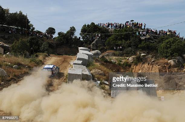 Jari-Matti Latvala of Finland and Mikka Anttila of Finland drive in the Abu Dhabi Ford Focus during Leg 3 of the WRC Rally Italy Sardinia on May 24,...