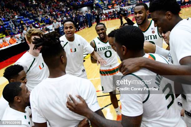 The Miami Hurricanes get fired up before the game against the La Salle Explorers at Santander Arena on November 22, 2017 in Reading, Pennsylvania....