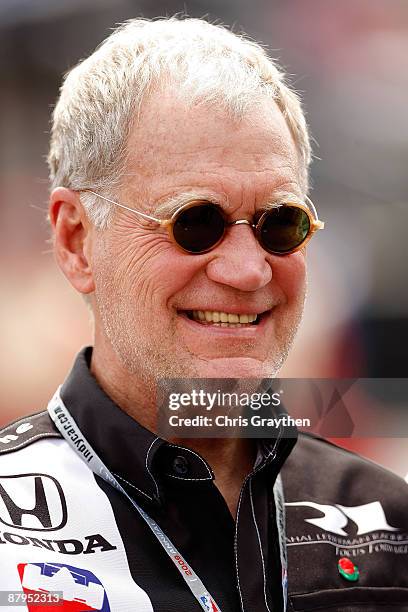 Late night television host David Letterman stands on the starting grid prior to the IRL IndyCar Series 93rd running of the Indianapolis 500 on May...