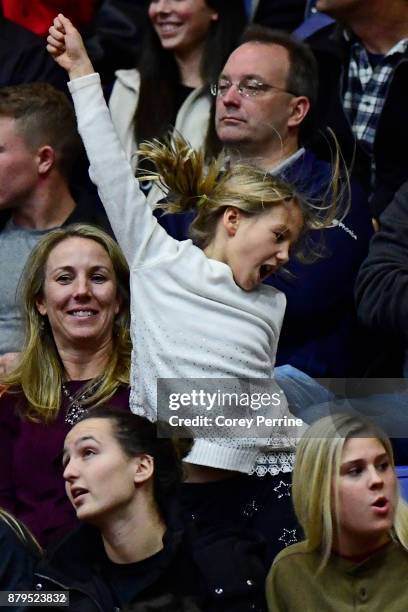 Young fan dances at a timeout during the first half as the La Salle Explorers takes on the Miami Hurricanes at Santander Arena on November 22, 2017...