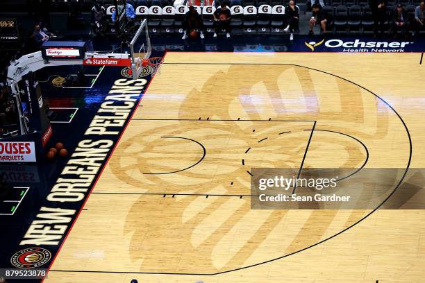 The New Orleans Pelicans logo sits center court during the first half of a NBA game against the San Antonio Spurs at the Smoothie King Center on...