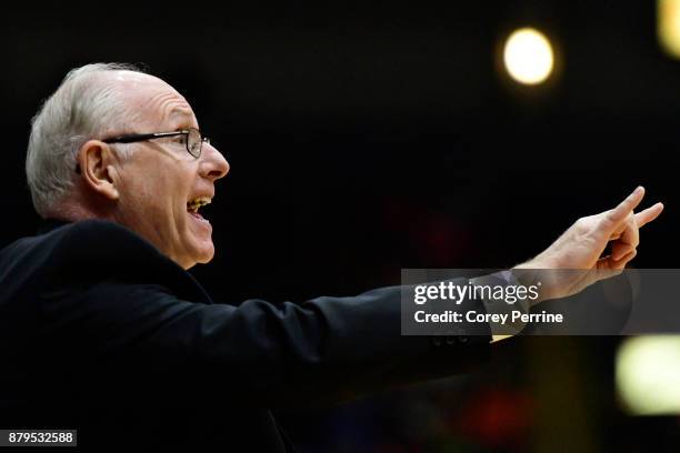 Head coach Jim Larrañaga of the Miami Hurricanes directs his team against the La Salle Explorers during the first half at Santander Arena on November...