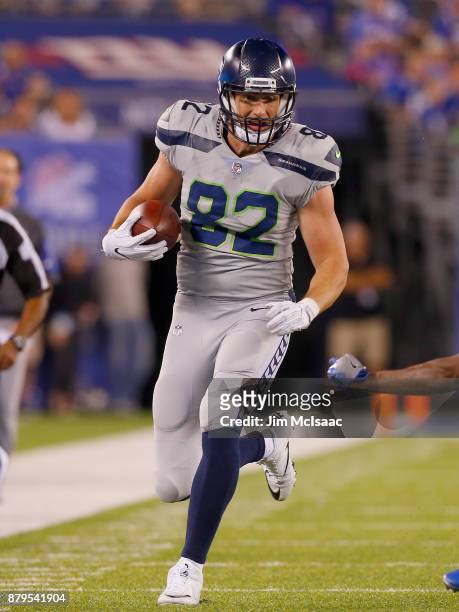 Luke Willson of the Seattle Seahawks in action against the New York Giants on October 22, 2017 at MetLife Stadium in East Rutherford, New Jersey. The...