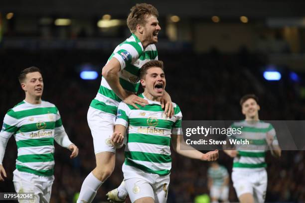 James Forrest of Celtic celebrates his goal with Stuart Armstrong Moussa Celtic during the Betfred Cup Final at Hampden Park on November 26, 2017 in...