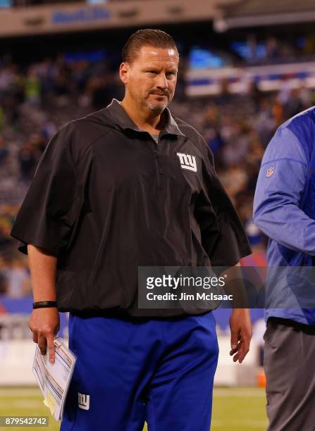 Head coach Ben McAdoo of the New York Giants looks on after a game against the Seattle Seahawks on October 22, 2017 at MetLife Stadium in East...