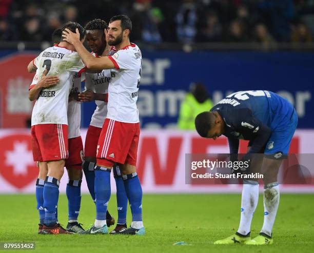 The players of Hamburg celebrate after the Bundesliga match between Hamburger SV and TSG 1899 Hoffenheim at Volksparkstadion on November 26, 2017 in...