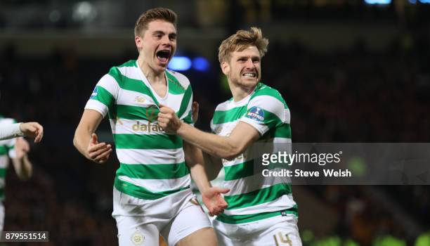 James Forrest of Celtic celebrates his goal with Stuart Armstrong during the Betfred Cup Final at Hampden Park on November 26, 2017 in Glasgow,...