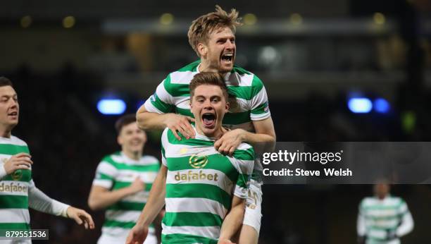 James Forrest of Celtic celebrates his goal with Stuart Armstrong during the Betfred Cup Final at Hampden Park on November 26, 2017 in Glasgow,...