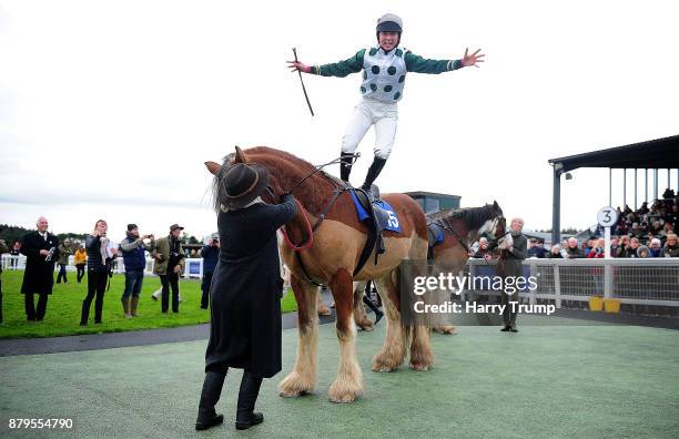 Bryony Frost celebrates on board Stobillee Sirocco after winning the Exeter Racecourse Clydesdale Stakes at Exeter Racecourse on November 26, 2017 in...