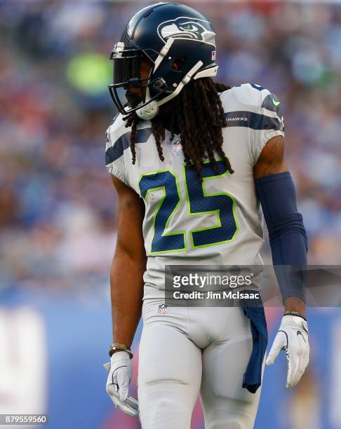 Richard Sherman of the Seattle Seahawks in action against the New York Giants on October 22, 2017 at MetLife Stadium in East Rutherford, New Jersey....