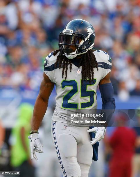 Richard Sherman of the Seattle Seahawks in action against the New York Giants on October 22, 2017 at MetLife Stadium in East Rutherford, New Jersey....